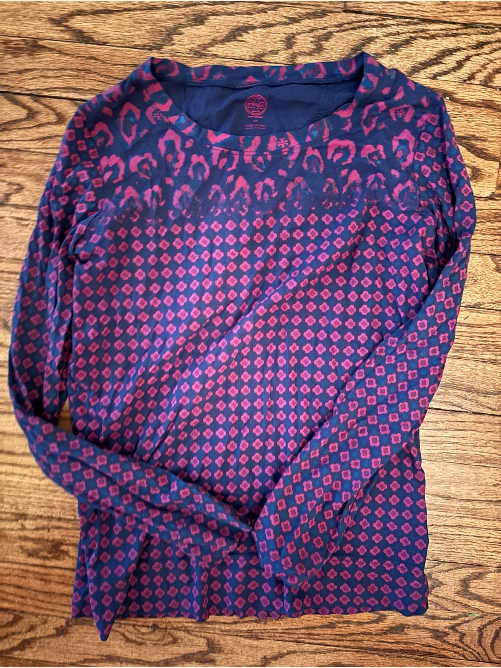 Tory Burch Navy and Pink Printed Long Sleeve Top